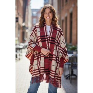 NEW Colleen Lopez Womens Plaid Fringed Wrap Shawl XL Red Black Cozy Chic Cape